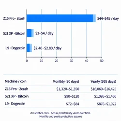 October profitability comparison for Antminer Z15 Pro, S21 XP, and L9 with daily, monthly, and yearly estimates