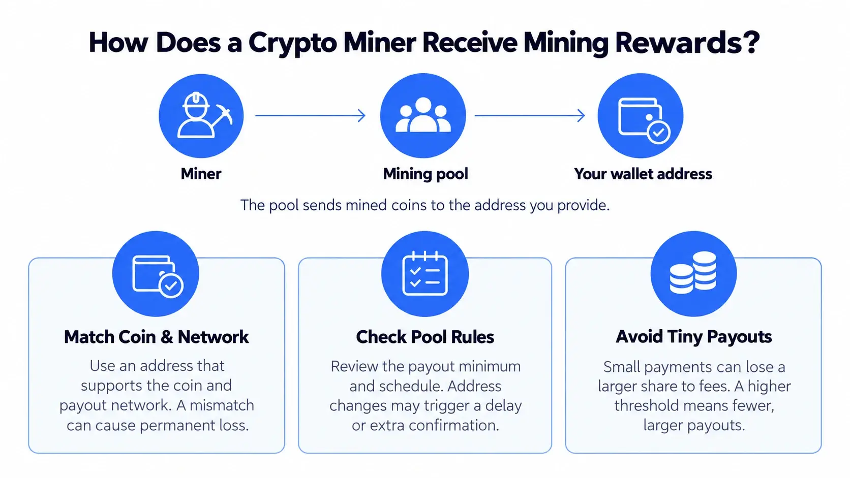 How crypto miners receive pool rewards with coin and network checks, payout rules, and fee considerations